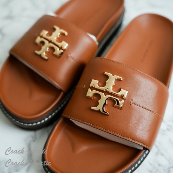 NIB Tory Burch Everly Anatomic Lug Nappa Leather Slide Sandal in Bourbon/Coconut - Picture 4 of 11